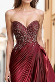 Burgundy Metallic Satin Sweetheart A Line Prom Dress with Beading