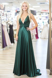 V Neck Dark Green A Line Ruched Satin Long Prom Dress