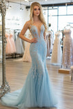 Tulle Sky Blue Sweetheart A Line Appliques Mermaid Prom Dress