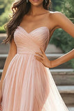 Blush Tulle A Line Appliques Sweetheart Pleated Prom Dress