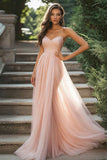Blush Tulle A Line Appliques Sweetheart Pleated Prom Dress