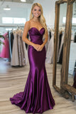 Plum Satin Sheath Pleated Sweetheart Long Prom Dress