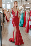 Red Sparkly Mermaid Sequins Spaghetti Straps Prom Dress with Slit