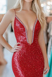 Red Sparkly Mermaid Sequins Spaghetti Straps Prom Dress with Slit