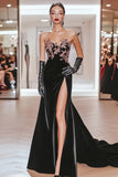 Satin Black Mermaid Appliques Sweetheart Prom Dress with Slit