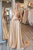 Satin Gold Sweetheart Appliques A Line Ruched Prom Dress