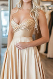 Satin Gold Sweetheart Appliques A Line Ruched Prom Dress
