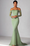 Sage Satin Off the Shoulder Long Sleeves Mermaid Prom Dress