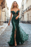 Sequins Dark Green Off the Shoulder Mermaid Prom Dress