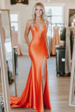 Orange Stretch Satin Sweetheart Mermaid Slit Prom Dress with Beading
