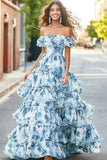 Organza Blue & White Ruffled Tiered Off the Shoulder Prom Dress