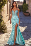 Blue Sheath Satin Sweetheart Beaded Prom Dress with Slit