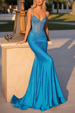 Sparkly Beaded Blue Satin Sweetheart Mermaid Prom Dress