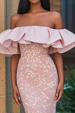 Lace Blush Appliques Off the Shoulder Mermaid Prom Dress