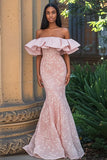 Lace Blush Appliques Off the Shoulder Mermaid Prom Dress