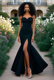 Spaghetti Straps Black Satin Mermaid Prom Dress with Slit