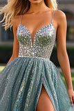 Sparkly Dusty Blue Spaghetti Straps A Line Tulle Beaded Prom Dress with Slit