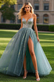 Sparkly Dusty Blue Spaghetti Straps A Line Tulle Beaded Prom Dress with Slit