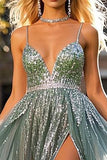 Sparky Sequins Dusty Blue Spaghetti Straps A Line Tulle Prom Dress with Slit