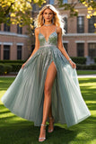 Sparky Sequins Dusty Blue Spaghetti Straps A Line Tulle Prom Dress with Slit