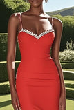 Red Satin Sheath Baeded Spaghetti Straps Prom Dress with Slit