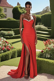 Red Satin Sheath Baeded Spaghetti Straps Prom Dress with Slit