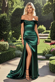 Stretch Satin Sheath Off the Shoulder Black Prom Dress with Slit