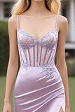 Lilac Stretch Satin Spaghetti Straps Corset Prom Dress with Slit