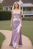 Lilac Stretch Satin Spaghetti Straps Corset Prom Dress with Slit