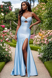 Sky Blue Satin Sheath Spaghetti Straps Prom Dress with Slit