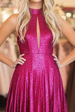 Sparkly Satin Fuchsia Halter A Line Pleated Prom Dress