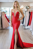 Sparkly Sequins Mermaid Red Sweetheart Prom Dress with Slit