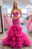 Fuchsia Lace Tulle Sweetheart Ruffled Mermaid Prom Dress