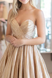 Metallic Gold Satin A Line Sweetheart Ruched Prom Dress