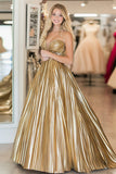 A Line Metallic Gold Satin  Sweetheart Ruched Prom Dress