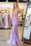 Lace Lilac Sheath Spaghetti Straps Appliques Prom Dress