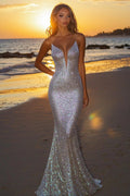 Sparkly Silver Backless Mermaid Long Prom Dress
