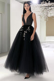 Black Tulle A Line Beaded V Neck Long Prom Dress