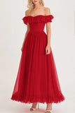 Off the Shoulder Pleated Ruffled A Line Red Long Prom Dress