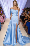 Light Blue One Shoulder Sheath Ruched Satin Prom Dress with Slit