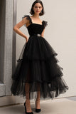 Black Tulle Spaghetti Straps A Line Prom Dress