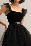 Black Tulle Spaghetti Straps A Line Prom Dress