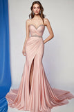 Blush Pleated Mermaid Strapless Beads Prom Dress with Slit