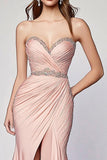 Blush Pleated Mermaid Strapless Beads Prom Dress with Slit