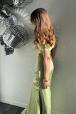Metallic Satin Green Off The Shoulder Sheath Red Carpet Dress
