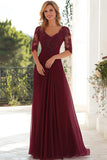 Elegant Burgundy A Line V Neck Chiffon Long Mother Of the Bride Dress with Lace Appliques