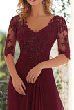 Elegant Burgundy A Line V Neck Chiffon Long Mother Of the Bride Dress with Lace Appliques