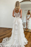 White A Line Tiered Lace Prom Dress