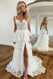 White A Line Tiered Lace Prom Dress