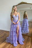 Sparkly A Line Lilac Tiered Prom Dress
